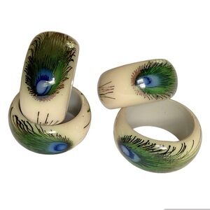 Peacock Feather Napkin Rings Set of 4 Hand Painted Handmade Resin Coating Table